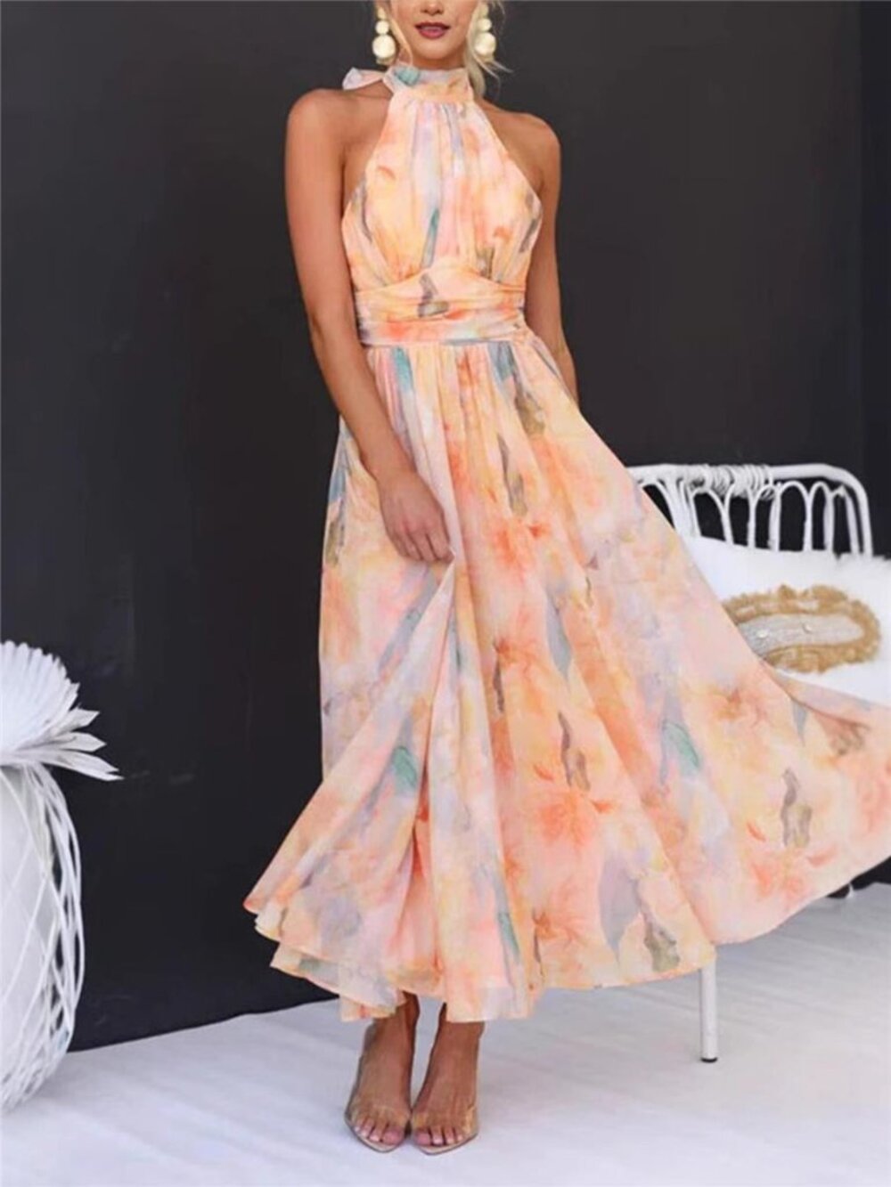 Full Size Halter Neck Floral Print Maxi Dress Plus Size